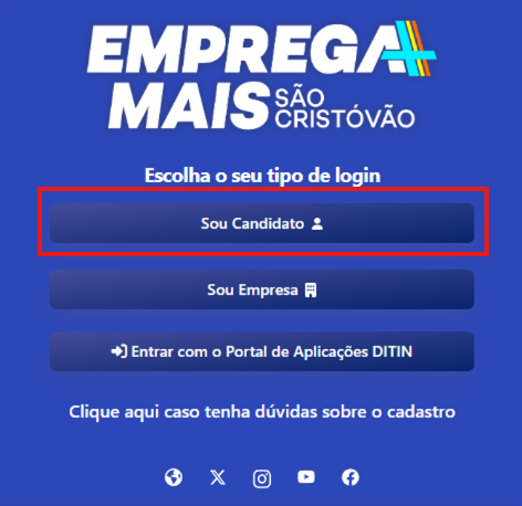 Escolha do tipo de usuário Candidato