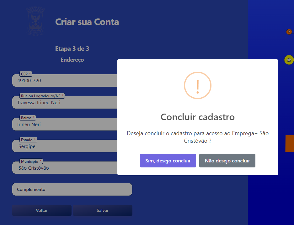 Etapa de endereço do candidato