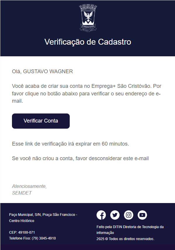 E-mail de confirmação de cadastro